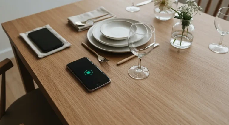 Wyciszony telefon odłożony ekranem do dołu na elegancko nakrytym stole