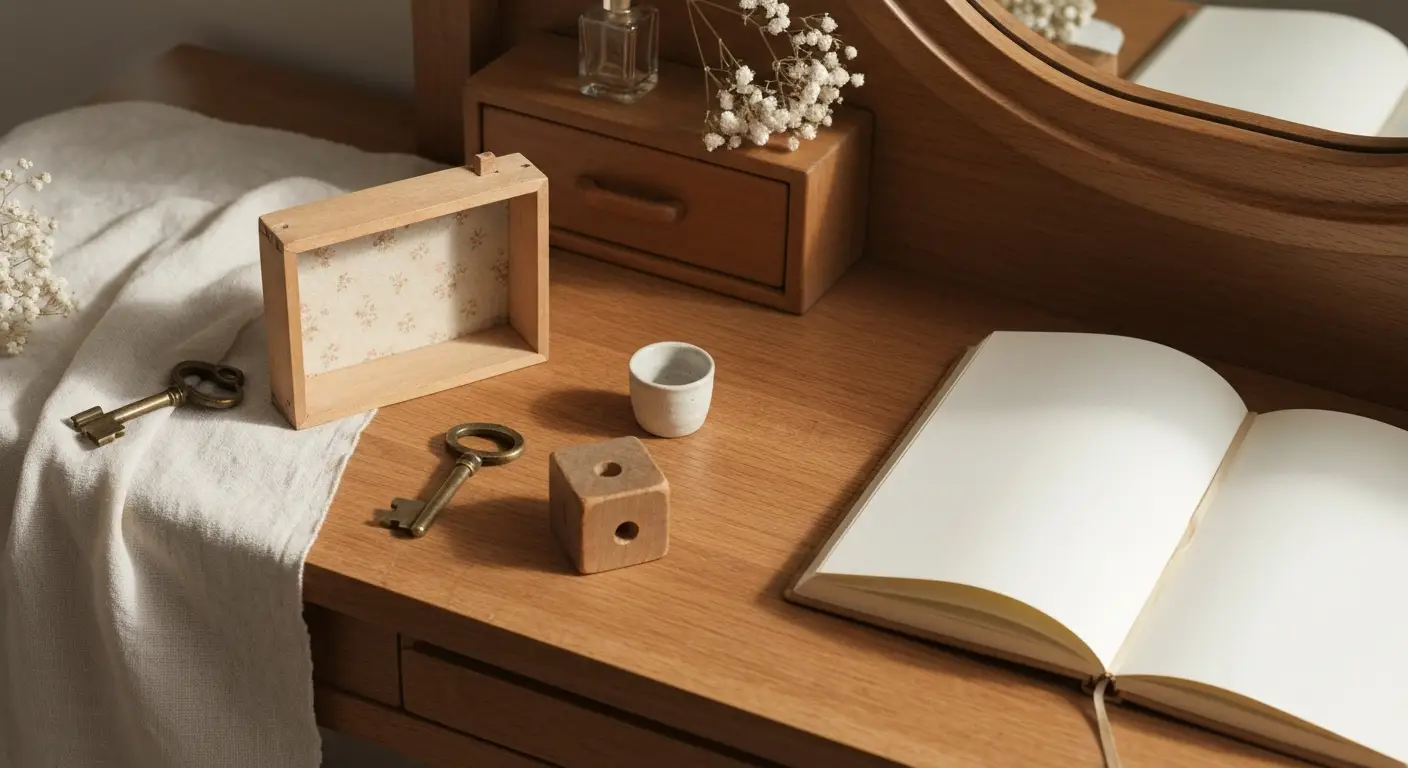 Stary klucz, miniaturowy pokój dziecięcy i pamiątki na drewnianym stoliku