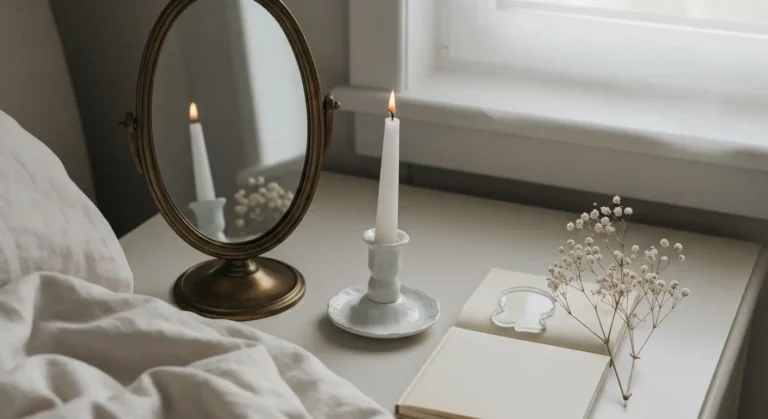 Nocny stolik z lustrem, świecą i subtelną szklaną ozdobą symbolizującą sen o duchach