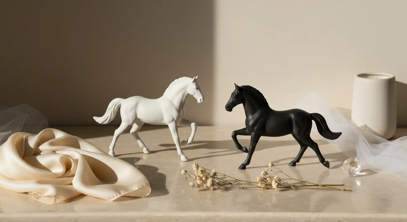 Biała i czarna ceramiczna figurka konia w galopie na marmurowej toaletce z delikatnymi dodatkami