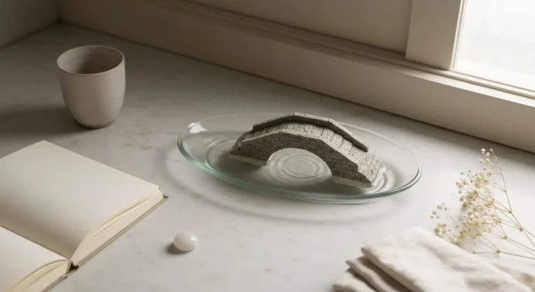 Miniaturowy kamienny most nad wodą na marmurowej toaletce z dziennikiem snów i kamieniem księżycowym