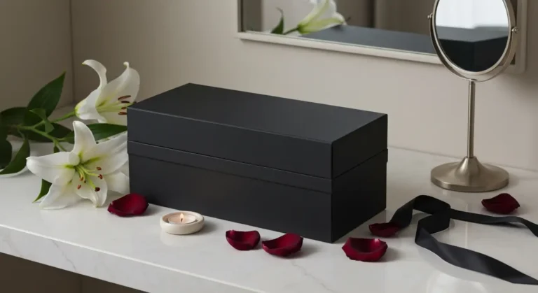 Czarna szkatułka ceremonialna z liliami, różami i świecą na marmurowej toaletce