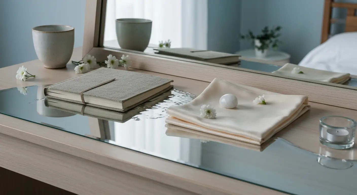 Dressing table with rising water, a journal, candle and white flowers symbolizing a flood dream