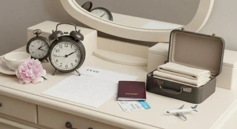 Zegar, otwarta walizka, bilet i symboliczne rekwizyty snu o spóźnieniu