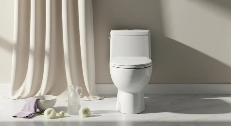 Biała toaleta przy lnianej zasłonie, z kwiatami i ceramicznymi dodatkami