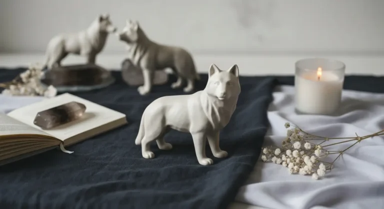 Ceramiczna figurka wilka otoczona małymi sylwetkami stada, dziennikiem, kryształem i świecą