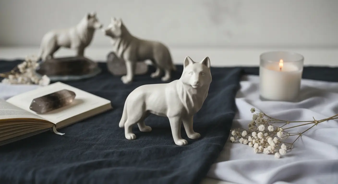 Ceramiczna figurka wilka otoczona małymi sylwetkami stada, dziennikiem, kryształem i świecą