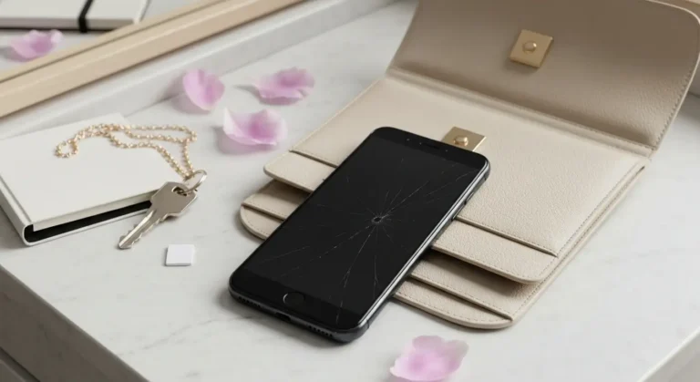 Smartfon ukryty w otwartej torebce na marmurowej toaletce, obok kluczy i pustej karty SIM