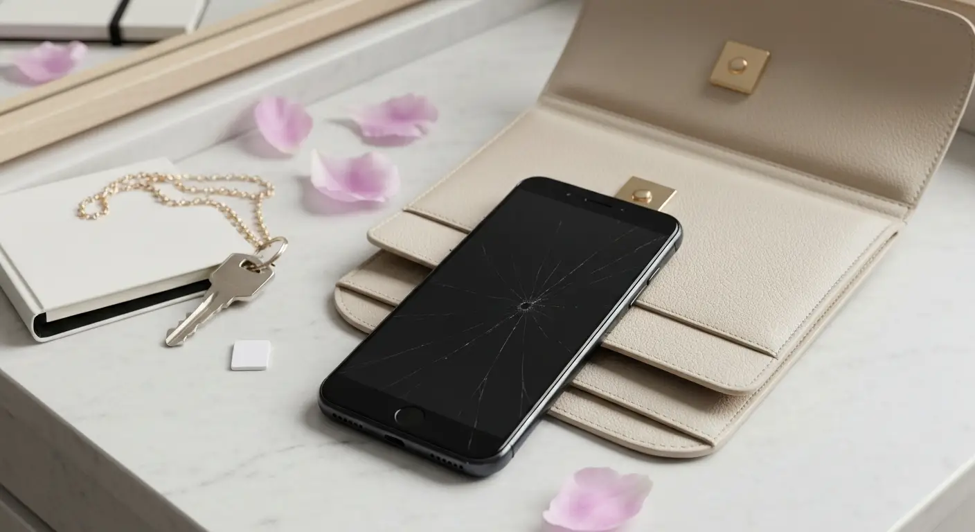 Smartfon ukryty w otwartej torebce na marmurowej toaletce, obok kluczy i pustej karty SIM