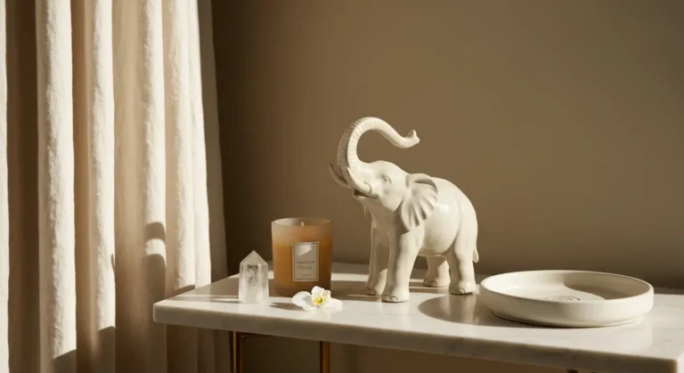 Ceramiczna figurka słonia z podniesioną trąbą na marmurowej konsoli z kryształem i świecą