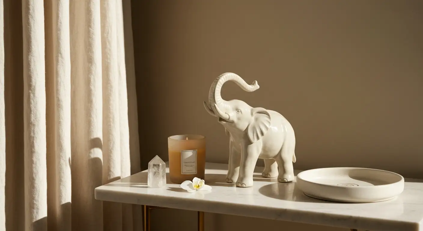 Ceramiczna figurka słonia z podniesioną trąbą na marmurowej konsoli z kryształem i świecą