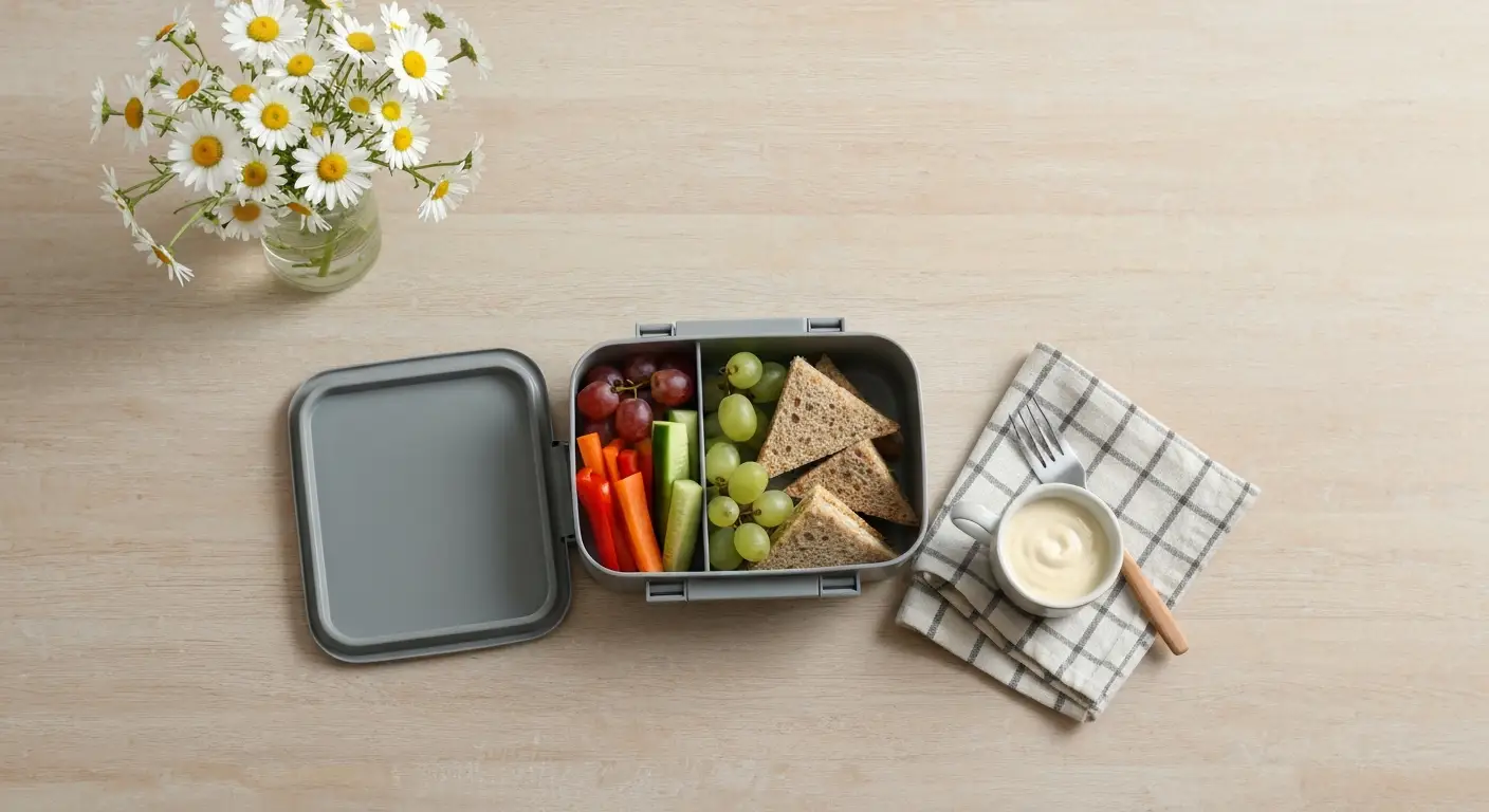 Otwarty lunchbox z małymi kanapkami, winogronami i warzywami pokrojonymi w słupki
