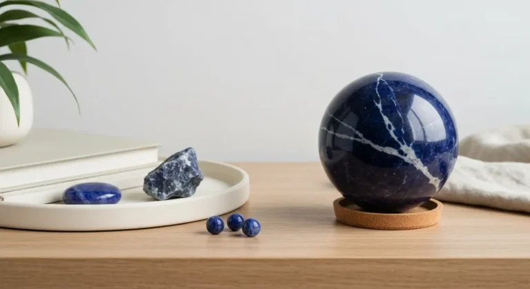 Kula i surowy sodalit z białymi żyłkami na drewnianym biurku z ceramiczną tacką