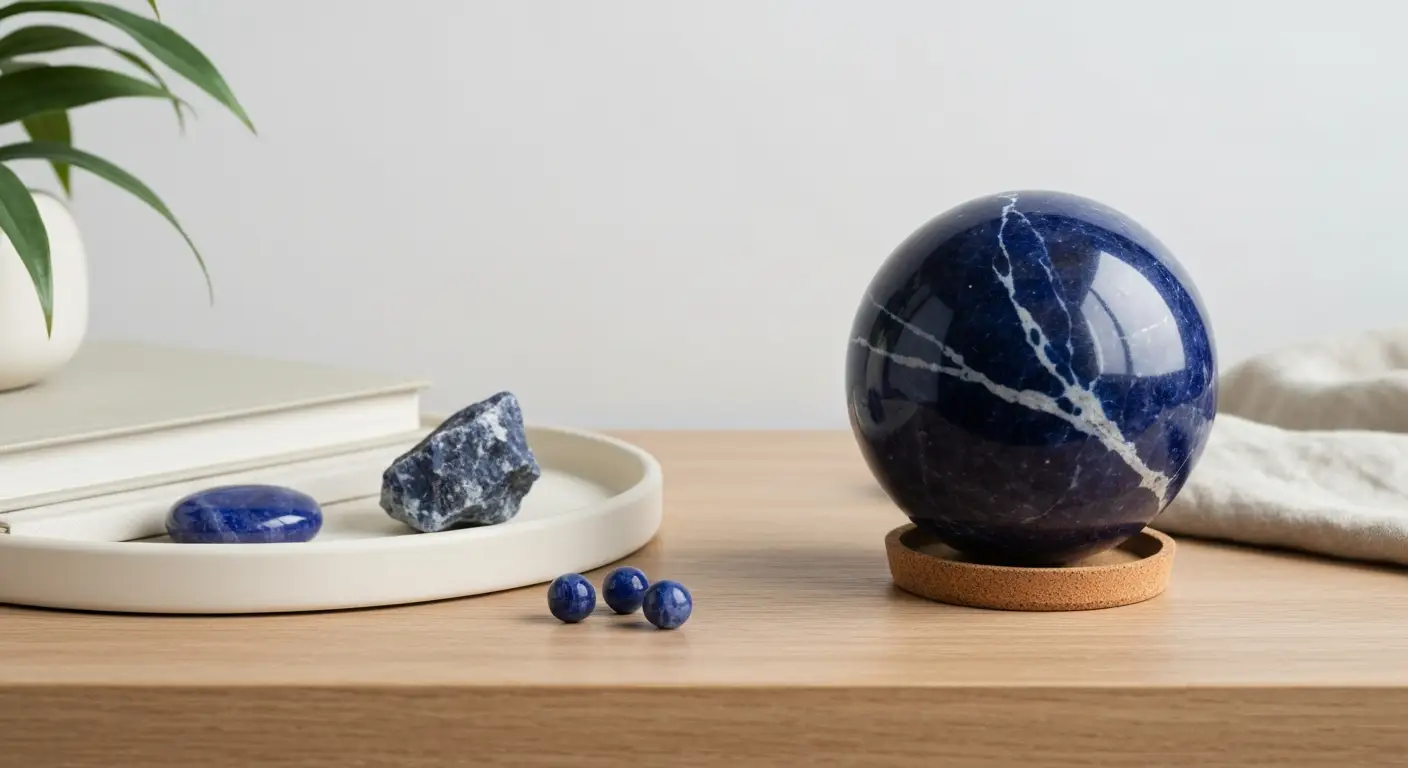 Kula i surowy sodalit z białymi żyłkami na drewnianym biurku z ceramiczną tacką
