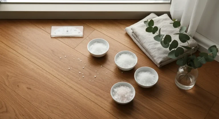 Cztery ceramiczne miseczki z solą na drewnianej podłodze, z lnem i gałązkami eukaliptusa