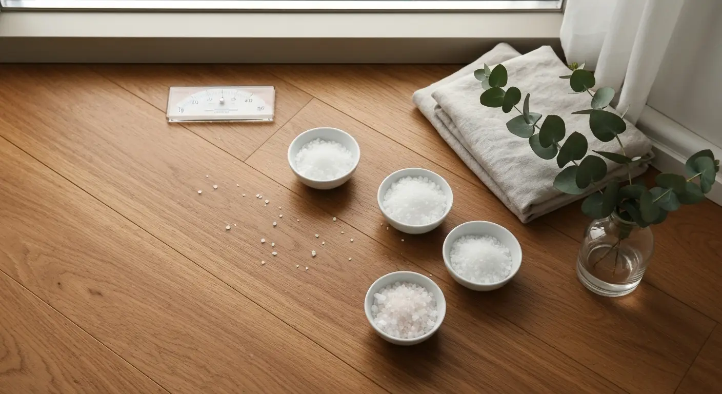 Cztery ceramiczne miseczki z solą na drewnianej podłodze, z lnem i gałązkami eukaliptusa