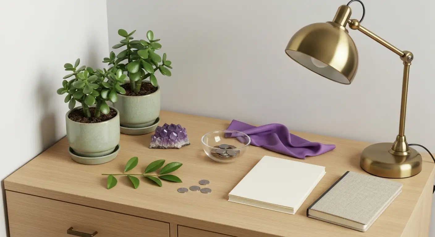 Uporządkowany kącik feng shui z rośliną jadeitową, ametystem, monetami i fioletową tkaniną