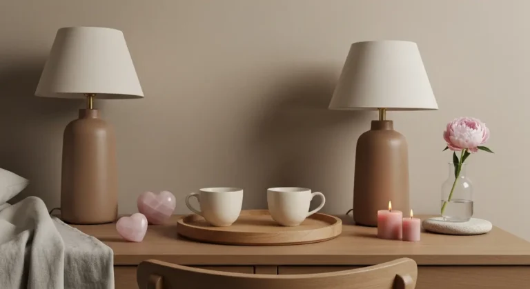 Dwie lampy, świece i różowe kwarce na spokojnej toaletce w strefie miłości feng shui