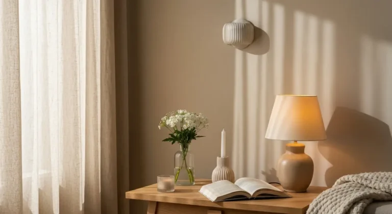 Salon z naturalnym światłem przy zasłonach i ciepłą lampą stołową tworzącą spokojną atmosferę