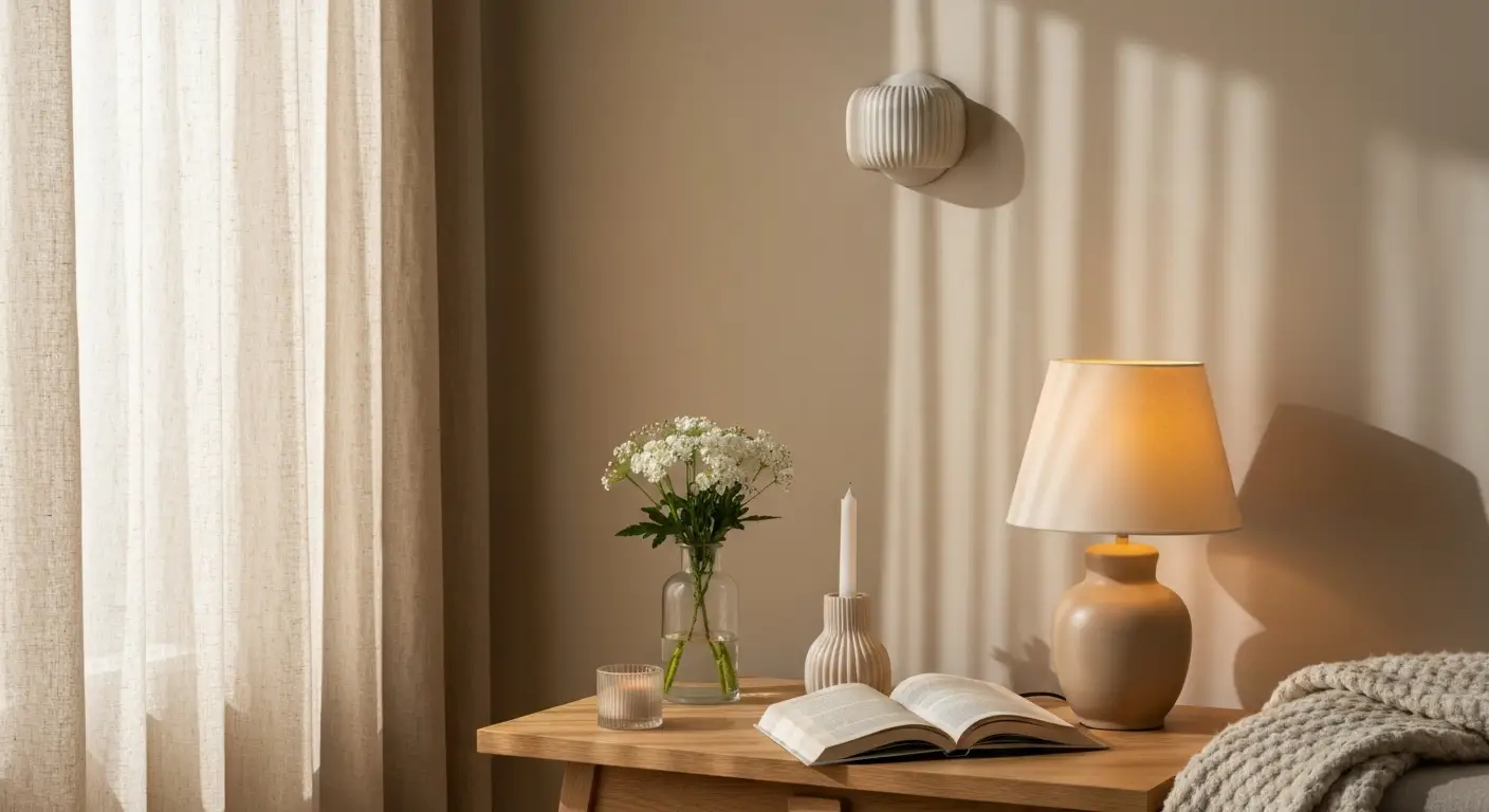 Salon z naturalnym światłem przy zasłonach i ciepłą lampą stołową tworzącą spokojną atmosferę