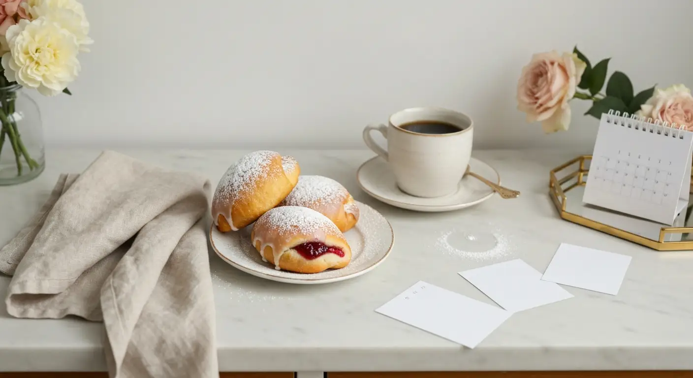 Pączki i faworki na marmurowym stole podczas tłustego czwartku