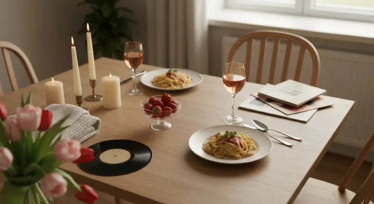 Domowa walentynkowa kolacja z makaronem, świecami, tulipanami i deserem na drewnianym stole