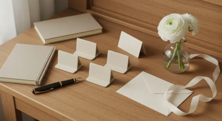 Elegancki flat-lay z pustymi kartami, notesem, piórem i kwiatami symbolizujący formy imion