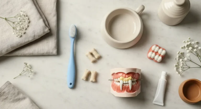 Szczoteczka, pasta i gryzaki do higieny zębów psa i kota obok modelu z kamieniem nazębnym