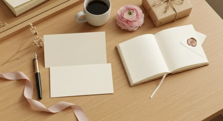 Pusta kartka urodzinowa z piórem, prezentem, kawą i pastelowymi kwiatami na drewnianym stole